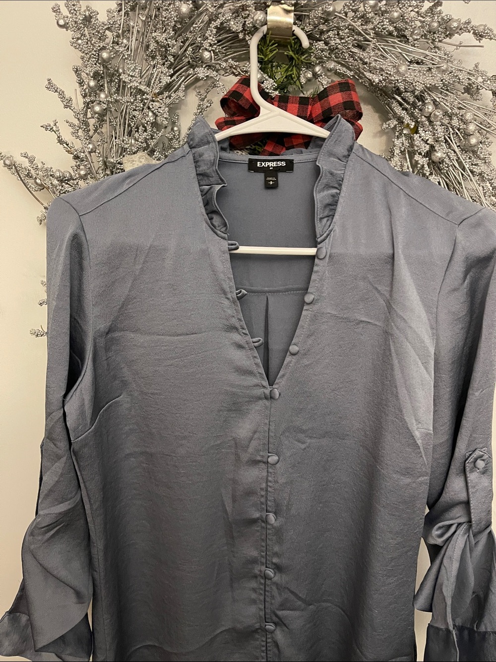 Express Steel Gray Button-Front Ruffle Collar Blouse - Picture 2 of 5